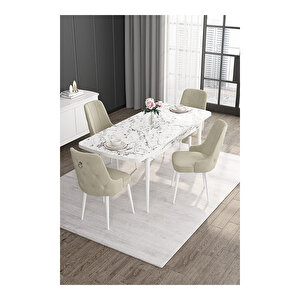 Noa Serisi, 80x132 Mdf Açılabilir Beyaz Mermer Desen Masa Takımı, 4 Sandalye Gümüş Halkalı Krem