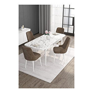 Noa Serisi, 80x132 Mdf Açılabilir Beyaz Mermer Desen Masa Takımı, 4 Sandalye Gümüş Halkalı Kahverengi
