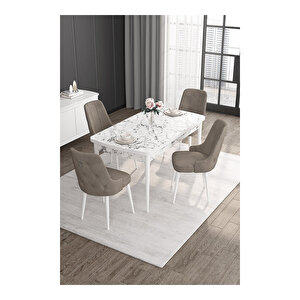 Noa Serisi, 80x132 Mdf Açılabilir Beyaz Mermer Desen Masa Takımı, 4 Sandalye Gümüş Halkalı Cappucino