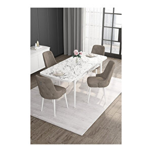 Noa Serisi, 80x132 Mdf Açılabilir Beyaz Mermer Desen Masa Takımı, 4 Sandalye Gümüş Halkalı Cappucino
