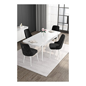 Noa Serisi, 80x132 Mdf Açılabilir Beyaz Masa Takımı, 4 Sandalye Gümüş Halkalı Siyah