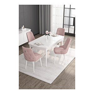 Noa Serisi, 80x132 Mdf Açılabilir Beyaz Masa Takımı, 4 Sandalye Gümüş Halkalı Pembe