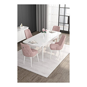 Noa Serisi, 80x132 Mdf Açılabilir Beyaz Masa Takımı, 4 Sandalye Gümüş Halkalı Pembe