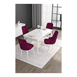 Noa Serisi, 80x132 Mdf Açılabilir Beyaz Masa Takımı, 4 Sandalye Gümüş Halkalı Mürdüm