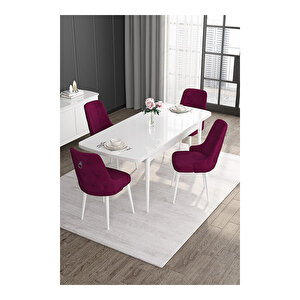Noa Serisi, 80x132 Mdf Açılabilir Beyaz Masa Takımı, 4 Sandalye Gümüş Halkalı Mürdüm