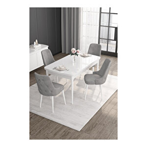 Noa Serisi, 80x132 Mdf Açılabilir Beyaz Masa Takımı, 4 Sandalye Gümüş Halkalı Gri