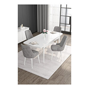 Noa Serisi, 80x132 Mdf Açılabilir Beyaz Masa Takımı, 4 Sandalye Gümüş Halkalı Gri
