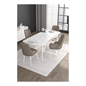 Noa Serisi, 80x132 Mdf Açılabilir Beyaz Masa Takımı, 4 Sandalye Gümüş Halkalı Cappucino