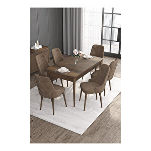 Noa Serisi, Mdf 80x132 Açılabilir Barok Ahşap Desen Mutfak Masa Takımı, 6 Sandalye Gümüş Halkalı Kahverengi