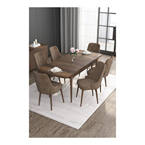 Noa Serisi, Mdf 80x132 Açılabilir Barok Ahşap Desen Mutfak Masa Takımı, 6 Sandalye Gümüş Halkalı Kahverengi
