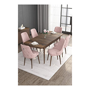 Noa Serisi, Mdf 80x132 Açılabilir Barok Ahşap Desen Mutfak Masa Takımı, 6 Sandalye Gümüş Halkalı Pembe
