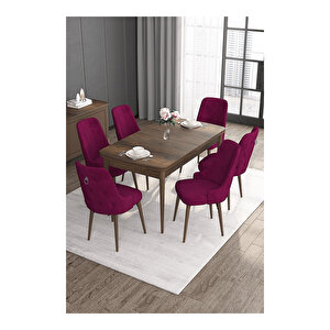 Noa Serisi, Mdf 80x132 Açılabilir Barok Ahşap Desen Mutfak Masa Takımı, 6 Sandalye Gümüş Halkalı Mürdüm