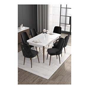 Noa Serisi,beyaz Masa Ceviz Ayak Mdf 80x132 Açılabilir Yemek Odası Takımı,6 Sandalye Gümüş Halkalı Siyah