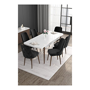 Noa Serisi,beyaz Masa Ceviz Ayak Mdf 80x132 Açılabilir Yemek Odası Takımı,6 Sandalye Gümüş Halkalı Siyah