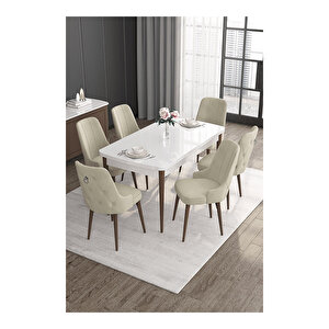 Noa Serisi,beyaz Masa Ceviz Ayak Mdf 80x132 Açılabilir Yemek Odası Takımı,6 Sandalye Gümüş Halkalı Krem