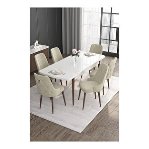 Noa Serisi,beyaz Masa Ceviz Ayak Mdf 80x132 Açılabilir Yemek Odası Takımı,6 Sandalye Gümüş Halkalı Krem