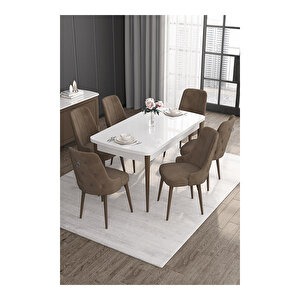 Noa Serisi,beyaz Masa Ceviz Ayak Mdf 80x132 Açılabilir Yemek Odası Takımı,6 Sandalye Gümüş Halkalı Kahverengi