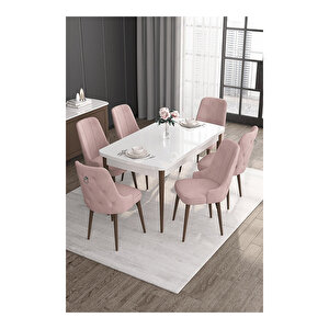 Noa Serisi,beyaz Masa Ceviz Ayak Mdf 80x132 Açılabilir Yemek Odası Takımı,6 Sandalye Gümüş Halkalı Pembe