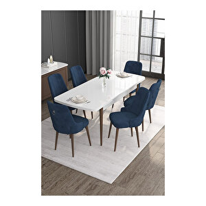 Noa Serisi,beyaz Masa Ceviz Ayak Mdf 80x132 Açılabilir Yemek Odası Takımı,6 Sandalye Gümüş Halkalı Lacivert
