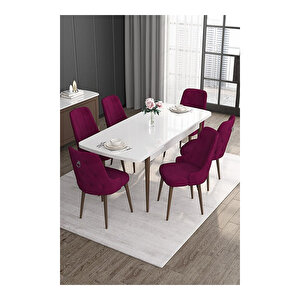 Noa Serisi,beyaz Masa Ceviz Ayak Mdf 80x132 Açılabilir Yemek Odası Takımı,6 Sandalye Gümüş Halkalı