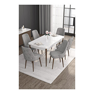 Noa Serisi,beyaz Masa Ceviz Ayak Mdf 80x132 Açılabilir Yemek Odası Takımı,6 Sandalye Gümüş Halkalı Gri