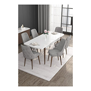 Noa Serisi,beyaz Masa Ceviz Ayak Mdf 80x132 Açılabilir Yemek Odası Takımı,6 Sandalye Gümüş Halkalı Gri