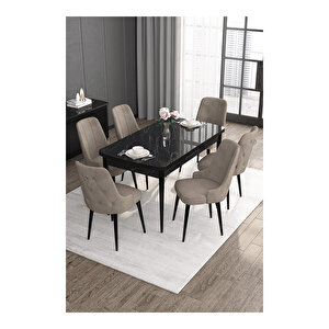 Noa Serisi, 80x132 Mdf Açılabilir Siyah Mermer Desen Masa Takımı, 6 Sandalye Gümüş Halkalı Cappucino