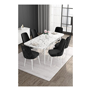 Noa Serisi, 80x132 Mdf Açılabilir Beyaz Mermer Desen Masa Takımı, 6 Sandalye Gümüş Halkalı Siyah