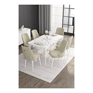 Noa Serisi, 80x132 Mdf Açılabilir Beyaz Mermer Desen Masa Takımı, 6 Sandalye Gümüş Halkalı Krem