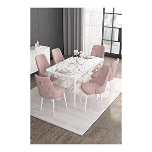 Noa Serisi, 80x132 Mdf Açılabilir Beyaz Mermer Desen Masa Takımı, 6 Sandalye Gümüş Halkalı Pembe
