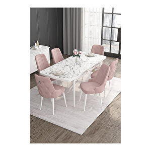 Noa Serisi, 80x132 Mdf Açılabilir Beyaz Mermer Desen Masa Takımı, 6 Sandalye Gümüş Halkalı Pembe