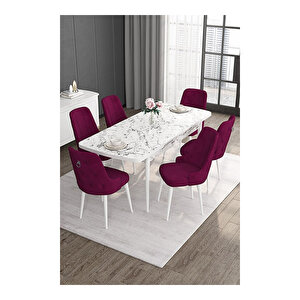 Noa Serisi, 80x132 Mdf Açılabilir Beyaz Mermer Desen Masa Takımı, 6 Sandalye Gümüş Halkalı Mürdüm