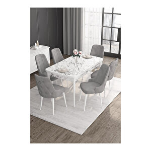 Noa Serisi, 80x132 Mdf Açılabilir Beyaz Mermer Desen Masa Takımı, 6 Sandalye Gümüş Halkalı Gri
