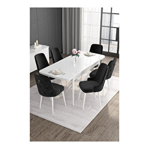Noa Serisi, 80x132 Mdf Açılabilir Beyaz Masa Takımı, 6 Sandalye Gümüş Halkalı Siyah