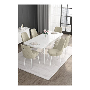 Noa Serisi, 80x132 Mdf Açılabilir Beyaz Masa Takımı, 6 Sandalye Gümüş Halkalı Krem