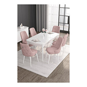 Noa Serisi, 80x132 Mdf Açılabilir Beyaz Masa Takımı, 6 Sandalye Gümüş Halkalı Pembe