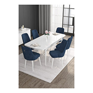 Noa Serisi, 80x132 Mdf Açılabilir Beyaz Masa Takımı, 6 Sandalye Gümüş Halkalı Lacivert