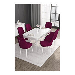 Noa Serisi, 80x132 Mdf Açılabilir Beyaz Masa Takımı, 6 Sandalye Gümüş Halkalı Mürdüm