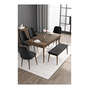 Noa Serisi, Mdf 80x132 Açılabilir Barok Ahşap Desen Mutfak Masa Takımı, 4 Sandalye Gümüş Halkalı Ve 1 Bench Siyah
