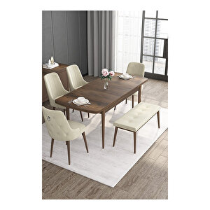 Noa Serisi, Mdf 80x132 Açılabilir Barok Ahşap Desen Mutfak Masa Takımı, 4 Sandalye Gümüş Halkalı Ve 1 Bench Krem