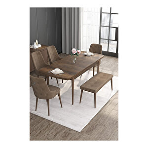 Noa Serisi, Mdf 80x132 Açılabilir Barok Ahşap Desen Mutfak Masa Takımı, 4 Sandalye Gümüş Halkalı Ve 1 Bench Kahverengi