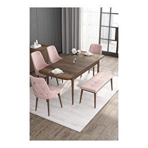 Noa Serisi, Mdf 80x132 Açılabilir Barok Ahşap Desen Mutfak Masa Takımı, 4 Sandalye Gümüş Halkalı Ve 1 Bench Pembe