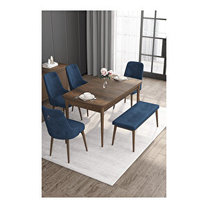 Noa Serisi, Mdf 80x132 Açılabilir Barok Ahşap Desen Mutfak Masa Takımı, 4 Sandalye Gümüş Halkalı Ve 1 Bench Lacivert