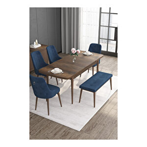 Noa Serisi, Mdf 80x132 Açılabilir Barok Ahşap Desen Mutfak Masa Takımı, 4 Sandalye Gümüş Halkalı Ve 1 Bench Lacivert