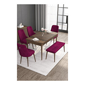 Noa Serisi, Mdf 80x132 Açılabilir Barok Ahşap Desen Mutfak Masa Takımı, 4 Sandalye Gümüş Halkalı Ve 1 Bench Mürdüm