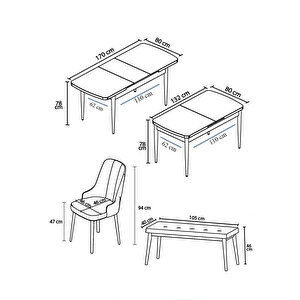 Noa Serisi, Mdf 80x132 Açılabilir Barok Ahşap Desen Mutfak Masa Takımı, 4 Sandalye Gümüş Halkalı Ve 1 Bench