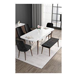 Noa Serisi,beyaz Masa Ceviz Ayak Mdf 80x132 Açılabilir Yemek Odası Takımı,4 Sandalye Gümüş Halkalı Ve 1 Bench Siyah
