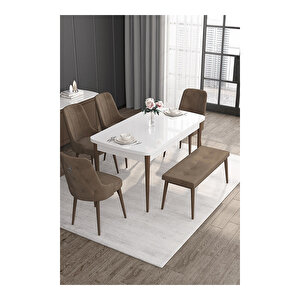 Noa Serisi,beyaz Masa Ceviz Ayak Mdf 80x132 Açılabilir Yemek Odası Takımı,4 Sandalye Gümüş Halkalı Ve 1 Bench Kahverengi