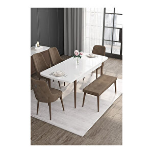 Noa Serisi,beyaz Masa Ceviz Ayak Mdf 80x132 Açılabilir Yemek Odası Takımı,4 Sandalye Gümüş Halkalı Ve 1 Bench Kahverengi