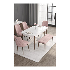 Noa Serisi,beyaz Masa Ceviz Ayak Mdf 80x132 Açılabilir Yemek Odası Takımı,4 Sandalye Gümüş Halkalı Ve 1 Bench